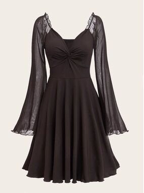 ROMWE Black Mesh Bell Sleeve Fit & Flare Dress S Ruching Accents Sheer